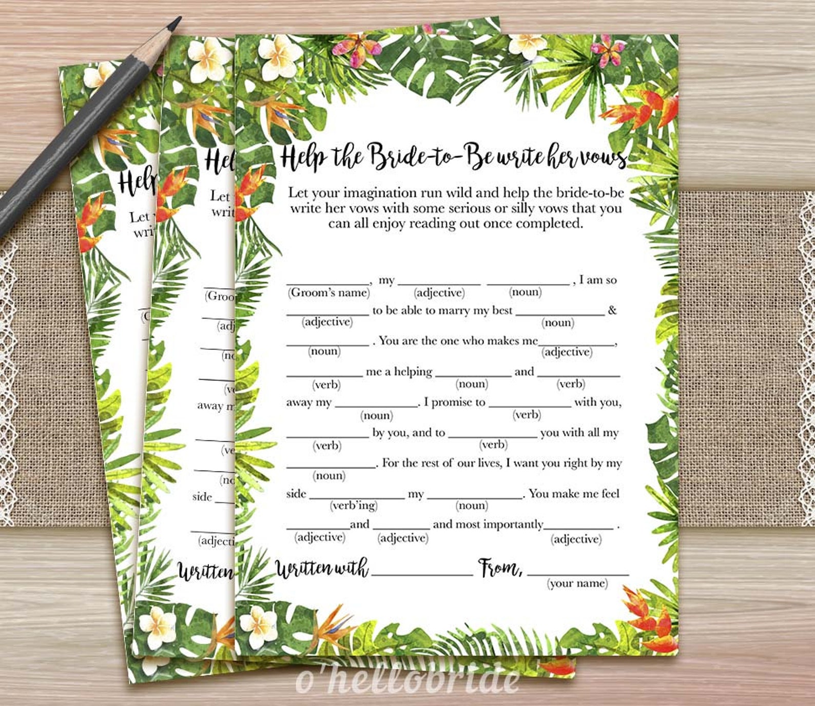 Help the Bride to Be Write Her Vows Printable Tropical | Etsy