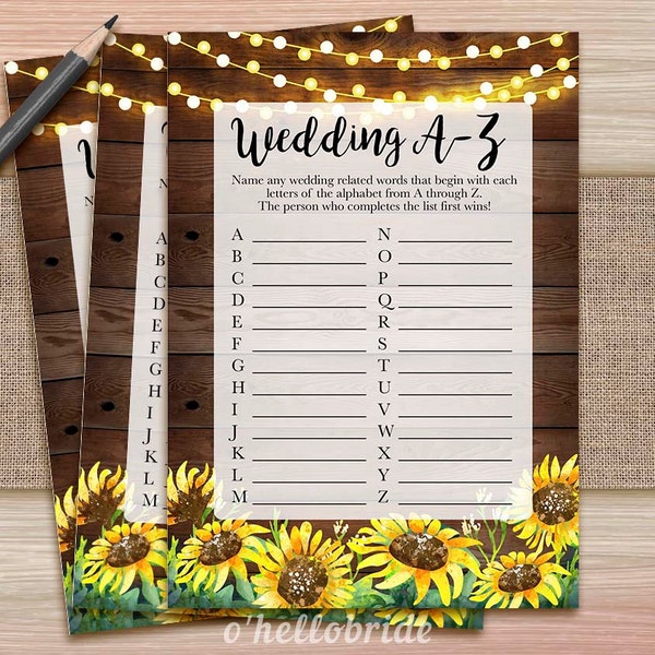 Wedding A-Z Bridal Shower Game - Yellow Rustic Sunflower Bridal Shower Game - Shabby Chic Bridal Games 023