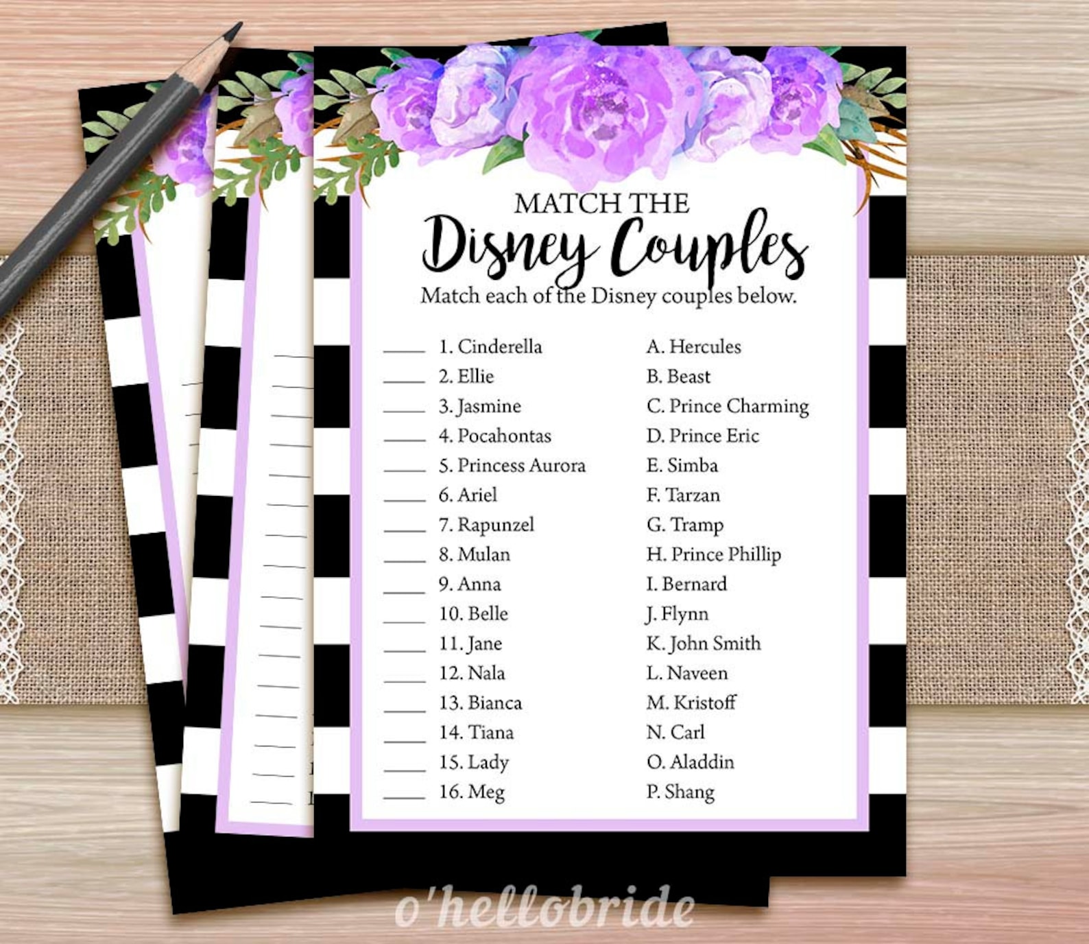 Disney Couples Match Game Printable Black and White Purple | Etsy