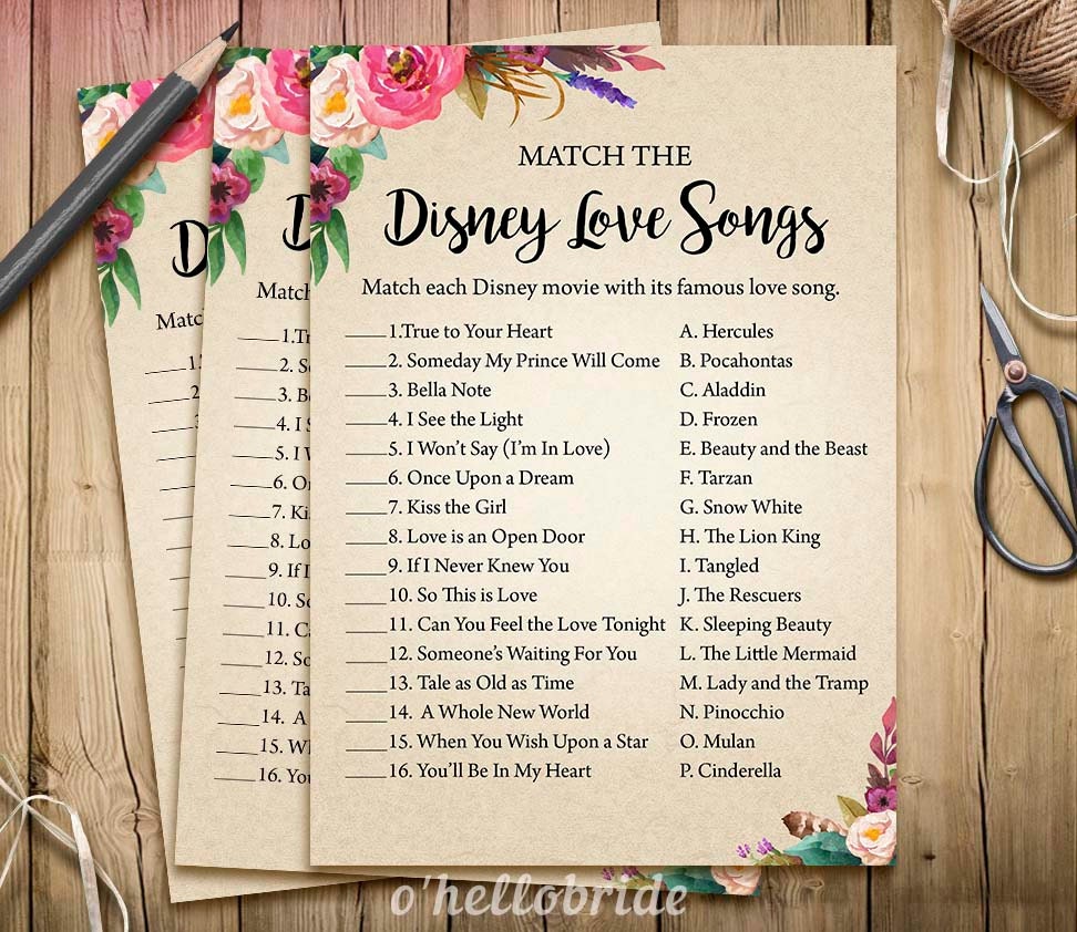 Printable Bridal Shower Games Disney Love Songs Boho Bridal Etsy