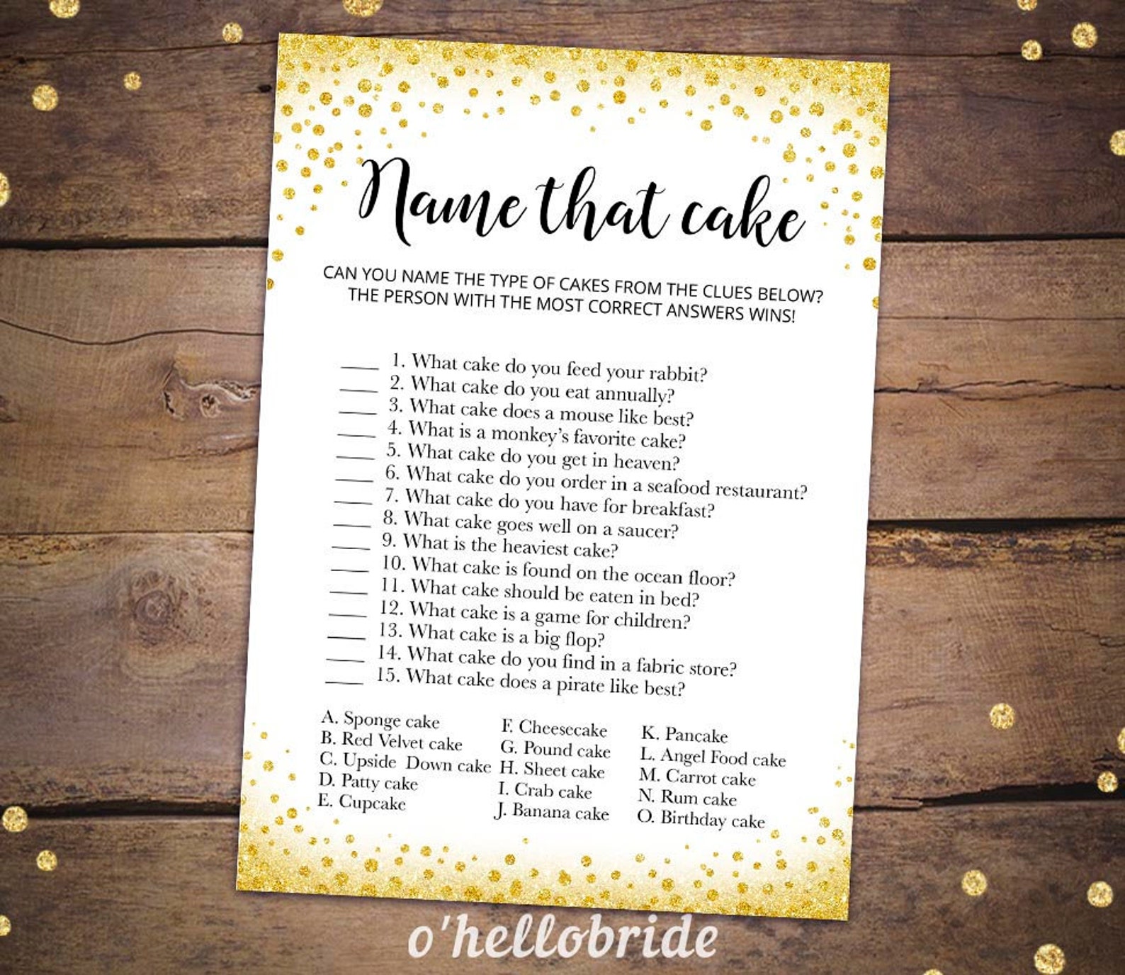 Name That Cake Game Printable Gold Confetti Bridal Shower | Etsy