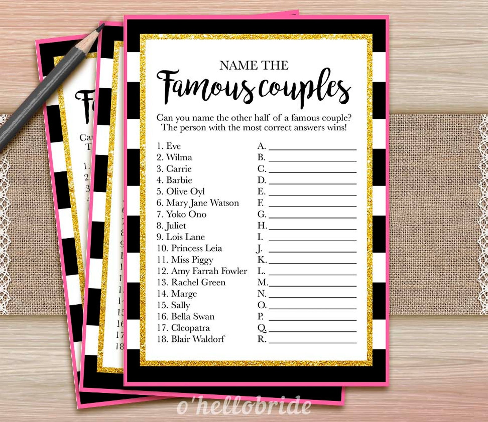 Printable Bridal Shower Games Printable Name the Famous | Etsy