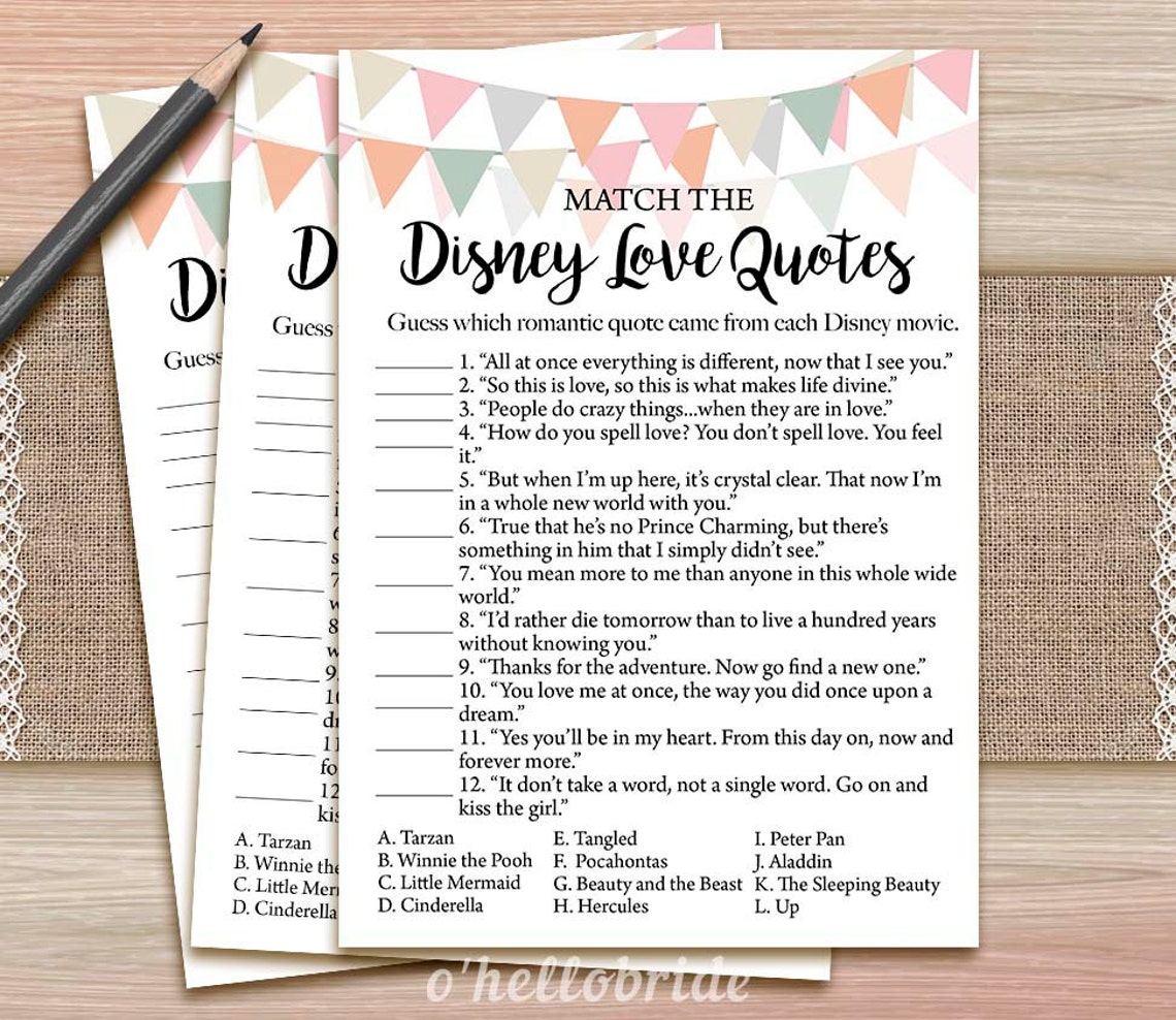 Disney Love Quotes Match Game Printable Coral Bridal Shower Etsy