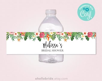 Editable Water Bottle Labels for Tropical Bridal Shower - Tropical Theme Party Water Bottle Labels - Tropical  Bridal Shower Labels 038