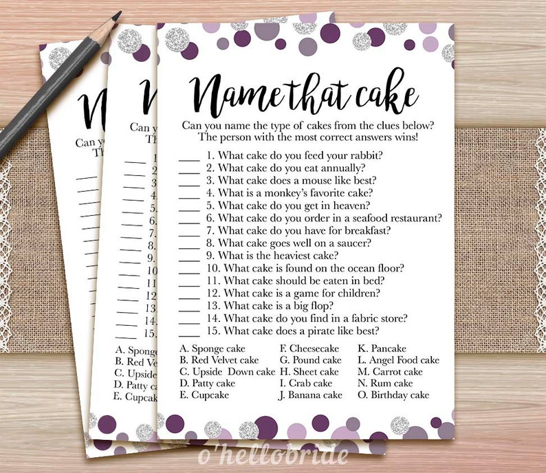 Printable Purple Bridal Shower Game Name That Cake Game Etsy