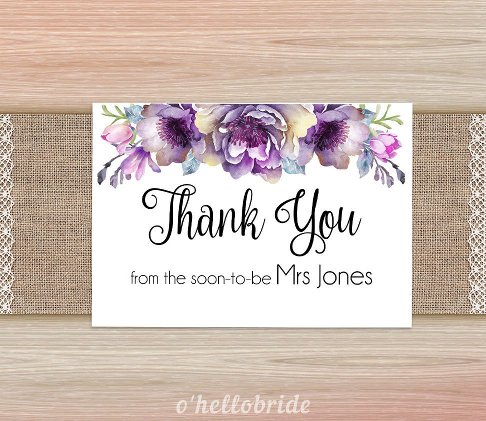 Thank You Cards Purple Bridal Shower Printable Purple