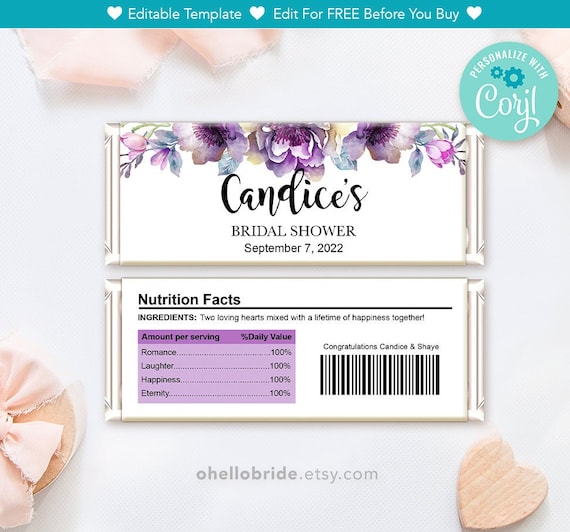 Editable Chocolate Bar Wrapper Purple Floral Bridal Shower Etsy