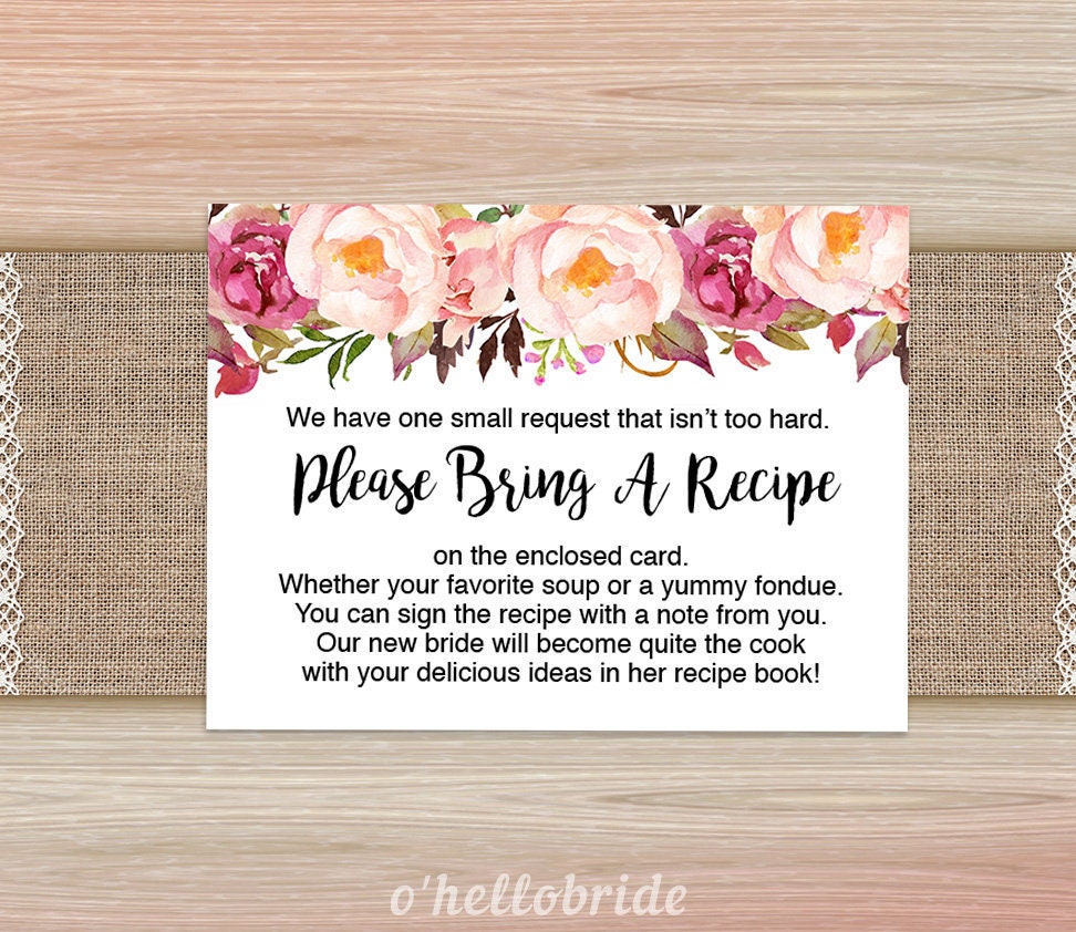 Please Bring A Recipe Invitation Inserts Bohemian Bridal Etsy