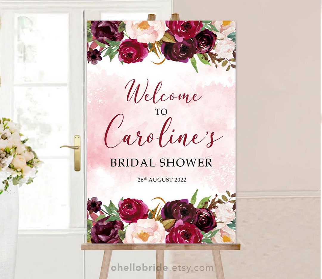 Printable Burgundy Bridal Shower Welcome Sign Red Floral Welcome to ...