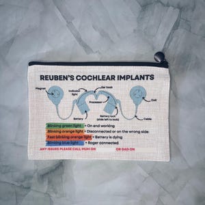 Pochette d'informations sur les implants cochléaires avec schéma - Étui à accessoires en lin avec contacts d'urgence pour école/maternelle/maternelle