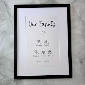 Peut inclure: Un cadre noir avec un passe-partout blanc contenant une impression. L'impression affiche "Our Family" au-dessus d'un cœur, suivi de "Mammy Daddy" et des noms "Theodore George Sophia" avec "Always & Forever" en dessous.