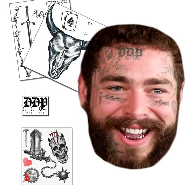 Feuille de tatouages temporaires pour le visage inspiré de Posty Malone mise à jour en 2023