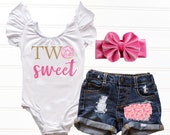 Baby Girl Donut 2nd Birthday Outfit Donut Second Birthday Outfit, First Birthday Leotard Cake Smash Outfit Two Sweet Distressed Denim Shorts