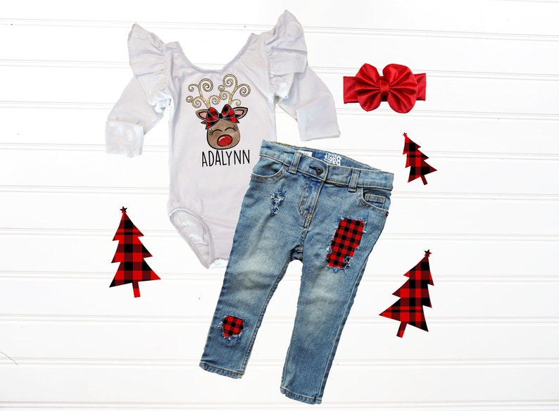 Baby Girls' Personalized Reindeer First Christmas Denim Outfit 