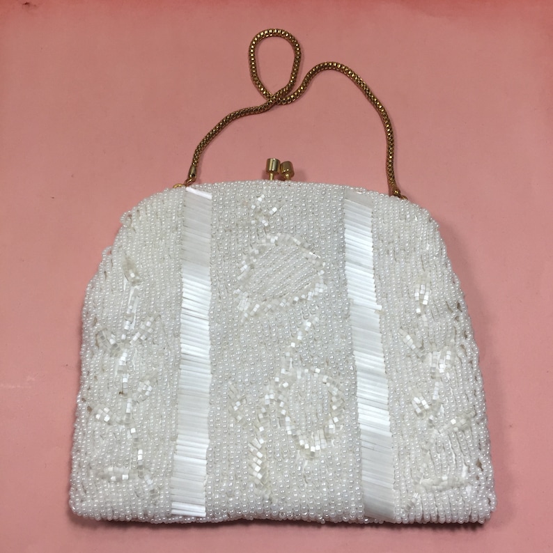 Vintage White Beaded Clutch Made in Hong Kong. Floral design