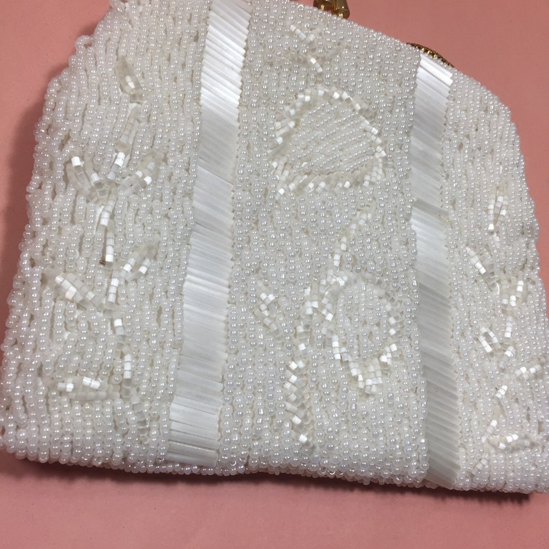 Vintage White Beaded Clutch Made in Hong Kong. Floral design