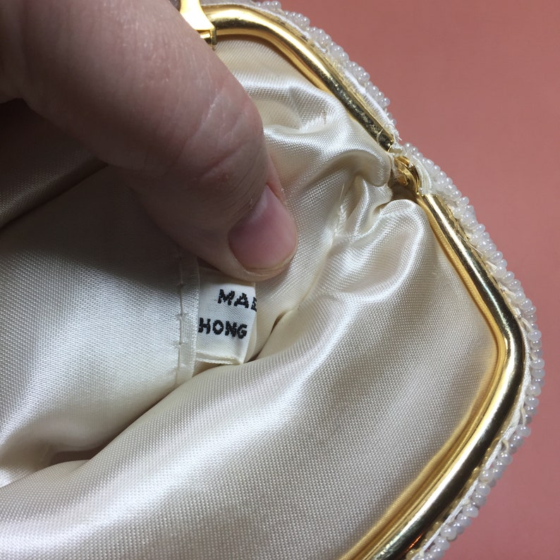Vintage White Beaded Clutch Made in Hong Kong. Floral design