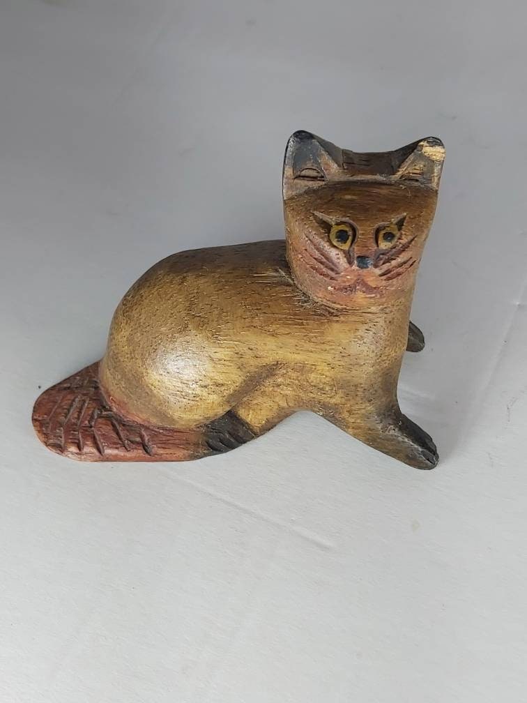 Vintage Wood Carved Cat or Kitten. 3 Inches Tall X 3.5 Inches Etsy