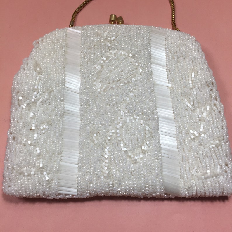 Vintage White Beaded Clutch Made in Hong Kong. Floral design