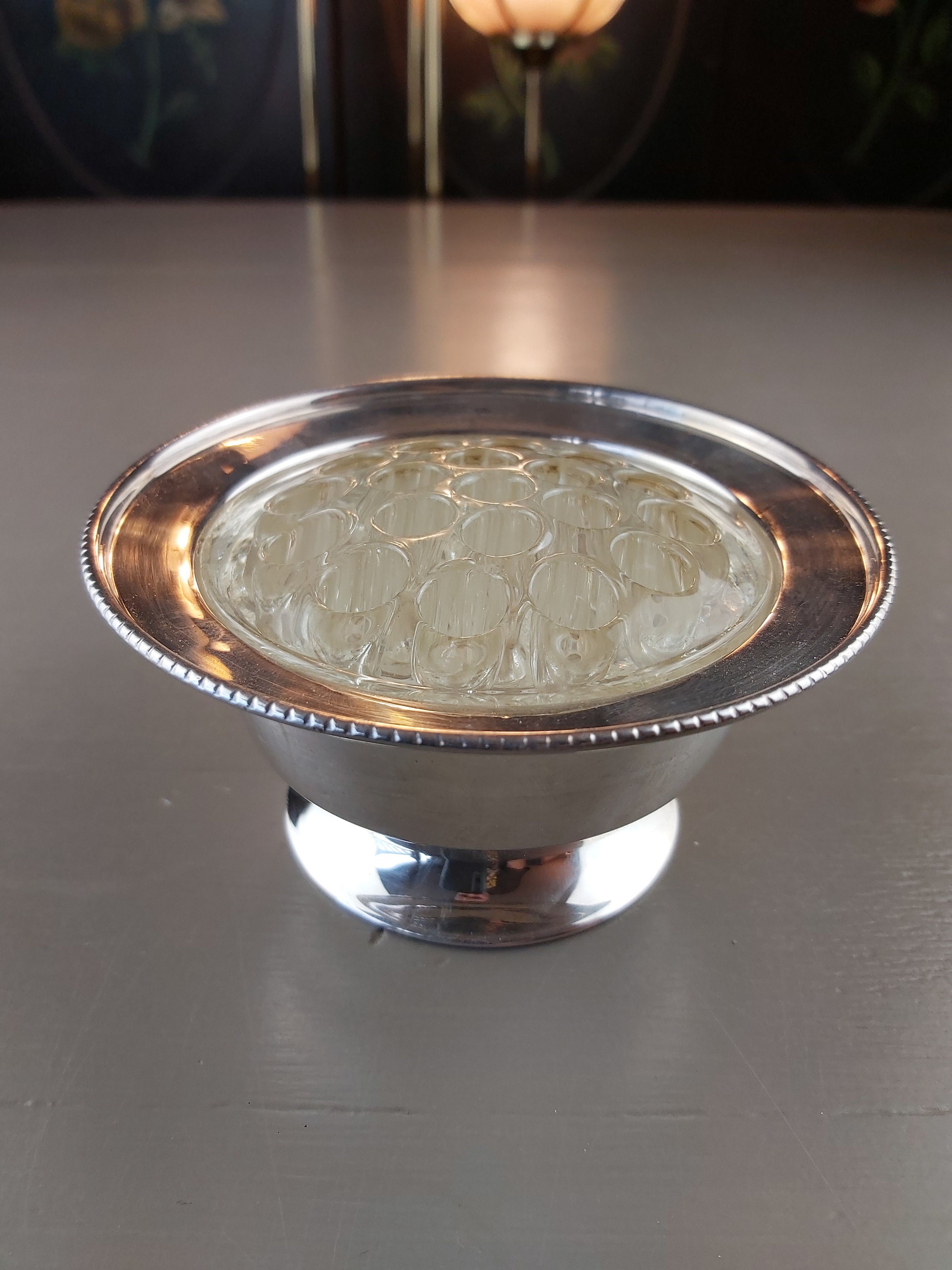 APEX Glass Floral Flower Frog With Silver Plated Base Made in England