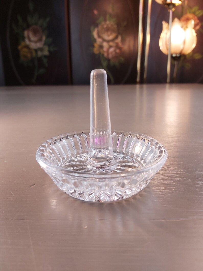 Vintage pressed glass ring holder dish with central pillar Etsy