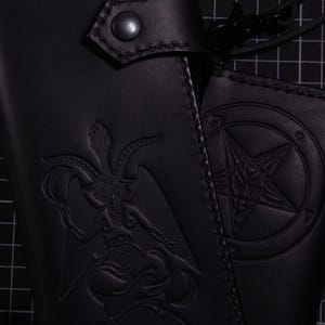 Black Baphomet Leather Long Wallet: Satanic Pentagram, Chain Ring