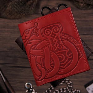 Mjolnir & Jormungandr Leather Wallet: Viking Mythology, Personalized image 4