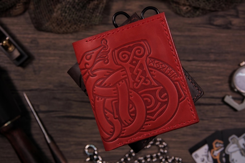 Mjolnir & Jormungandr Leather Wallet: Viking Mythology, Personalized image 4