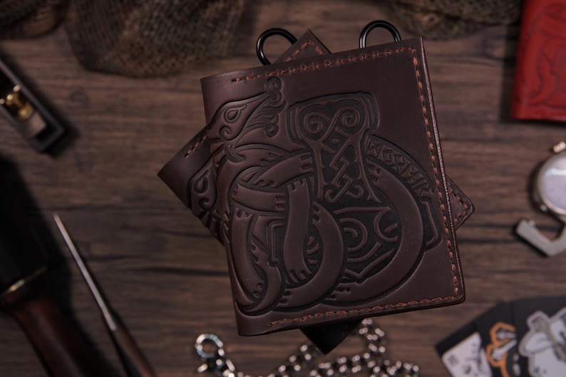 Mjolnir & Jormungandr Leather Wallet: Viking Mythology, Personalized image 1