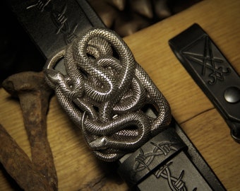 Leather belt "Snakes" and Key fob "Sigil of Lucifer" (pack)