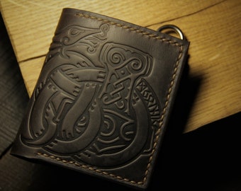 Mjolnir and Jormungandr. Leather wallet for vikings. Mythology. Personalized gift