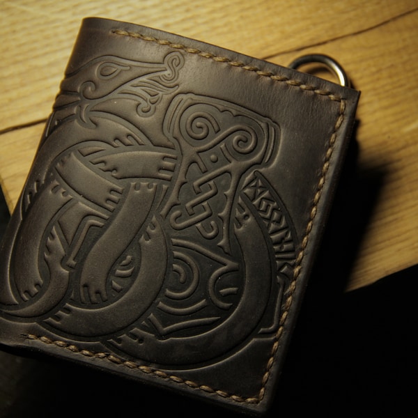 Mjolnir and Jormungandr. Leather wallet for vikings. Mythology. Personalized gift