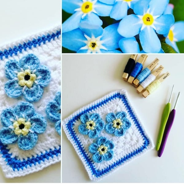 Forget me not crochet applique pattern, pdf, flower square, flower applique, scrapbooking, embellishment, forget-me-nots, digital pattern