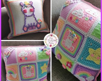 Unicorn Dreams Cushion Crochet Pattern, Crochet Pattern,  PDF, instant download, granny squares, appliques, pillow, blanket, nursery decor,