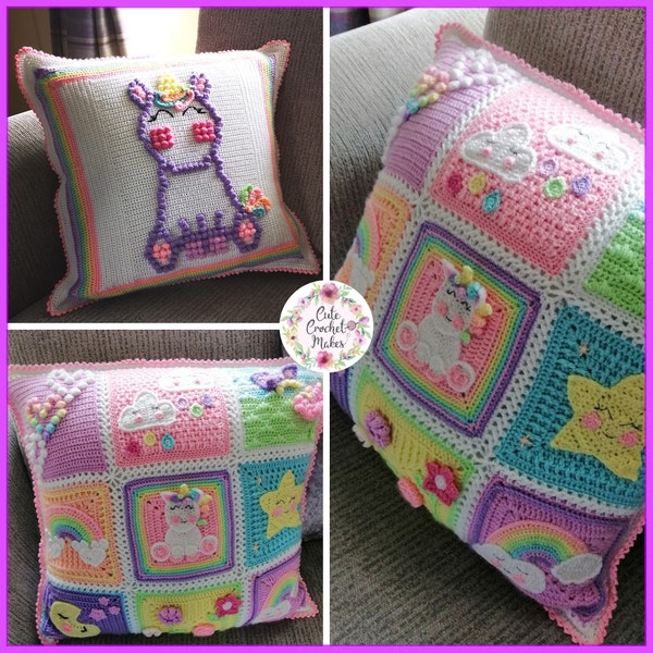 Unicorn Dreams Cushion Crochet Pattern, Crochet Pattern,  PDF, instant download, granny squares, appliques, pillow, blanket, nursery decor,