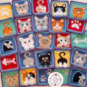 May include: A collection of square crochet patches featuring various cat faces, cat backs, paw prints, fish skeletons, and mice. Each patch is bordered in blue and displays colorful yarn designs including black, white, orange, gray, and red patterns.