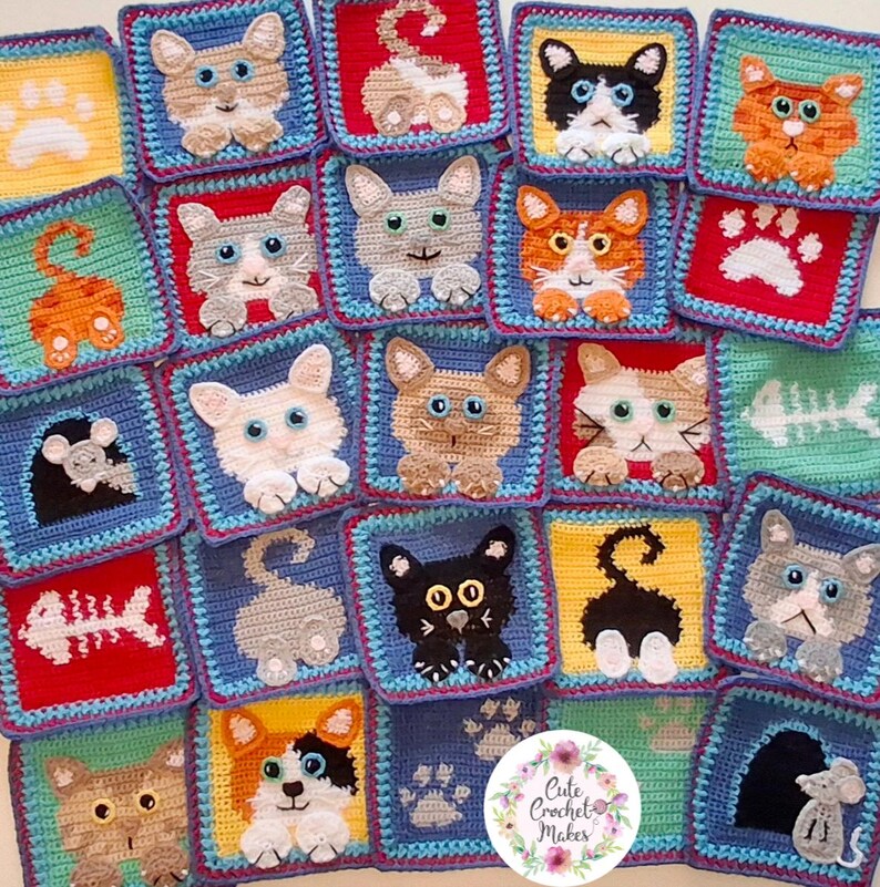 May include: A collection of square crochet patches featuring various cat faces, cat backs, paw prints, fish skeletons, and mice. Each patch is bordered in blue and displays colorful yarn designs including black, white, orange, gray, and red patterns.