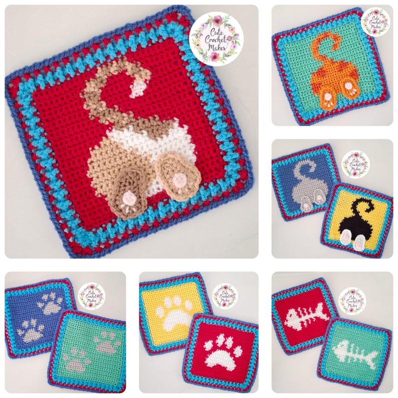 May include: A collection of square crochet coasters featuring various cat-themed designs including cat backsides, paw prints, and fish skeletons. Each coaster has a multi-colored border and a circular logo with the text Cute Crochet Makes.