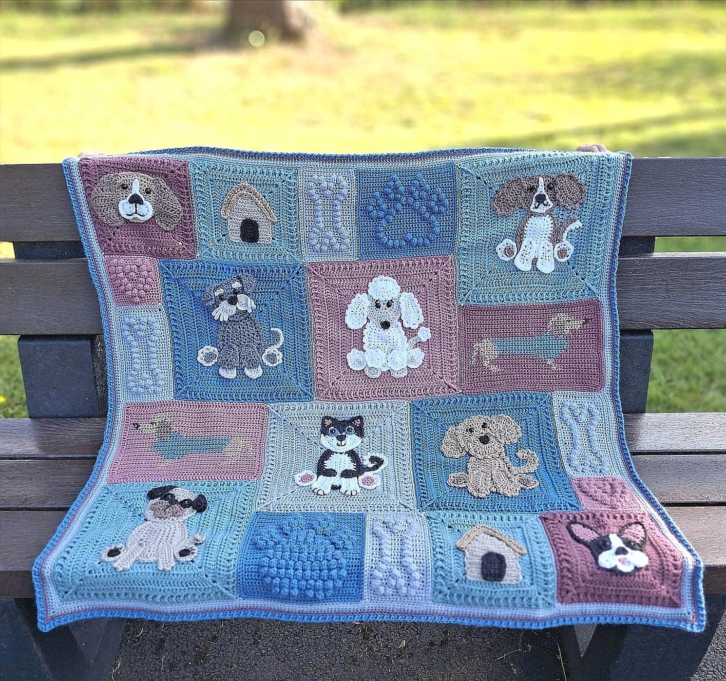 Canine Cuddles dog themed blanket pattern, instant PDF, crochet dog appliques