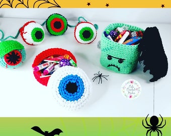 Frankenstein Halloween Treat Box Crochet Pattern, Crochet Eyeball Treat Box Crochet Pattern, Halloween Eyeball Garland Crochet Pattern PDFs