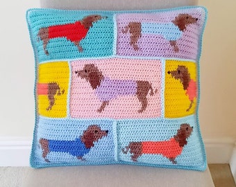 Hello Sausage! Crochet Cushion Cover Pattern UK Terms PDF, Sausage Dog Crochet Cushion, Dachshunds