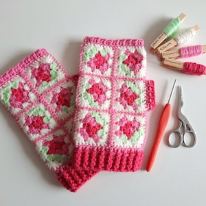 Rose Granny Square Fingerless Mitts Crochet Pattern (PDF Download)