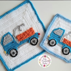 May include: Two crocheted squares featuring a blue truck with an orange bed. The larger square has a turquoise border and the smaller square has a light blue border. Both squares have a white background.