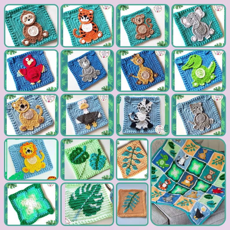 May include: A collection of 16 crochet squares featuring jungle animals and plants. The squares are arranged in a grid pattern and are all made in a variety of colors, including green, blue, yellow, and orange. The animals include a monkey, a tiger, an elephant, a crocodile, a zebra, a giraffe, a lion, and an ostrich. The plants include leaves, branches, and flowers.