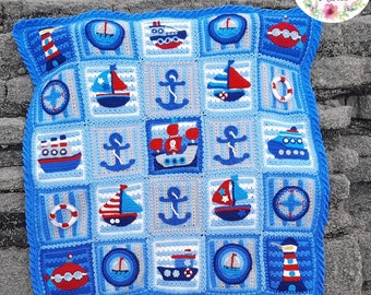 Ship Ahoy! Nautical Crochet Blanket Pattern: Sea Themed Granny Squares (PDF)