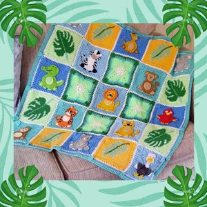 May include: A crocheted baby blanket with a jungle theme. The blanket features a variety of animals, including a lion, zebra, monkey, crocodile, and a bird. The blanket is made in a variety of colors, including blue, green, yellow, and orange.