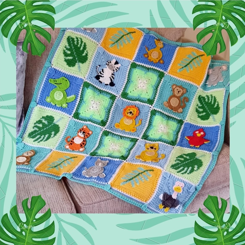 May include: A crocheted baby blanket with a jungle theme. The blanket features a variety of animals, including a lion, zebra, monkey, crocodile, and a bird. The blanket is made in a variety of colors, including blue, green, yellow, and orange.