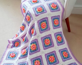 Rainbow Rose Crochet Blanket Pattern PDF, Rose Blanket, Flower Blanket, Rose Granny Squares Digital Download, Flower Granny Squares