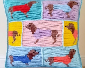 Dachshund Crochet Cushion Cover Pattern: Intarsia Sausage Dog (US Terms PDF)