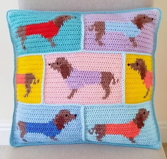 Dachshund Crochet Cushion Cover Pattern: Intarsia Sausage Dog (US Terms PDF)